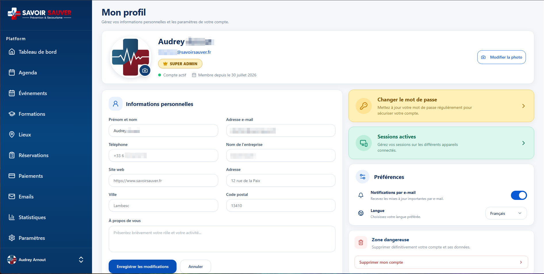 Profil utilisateur Organis